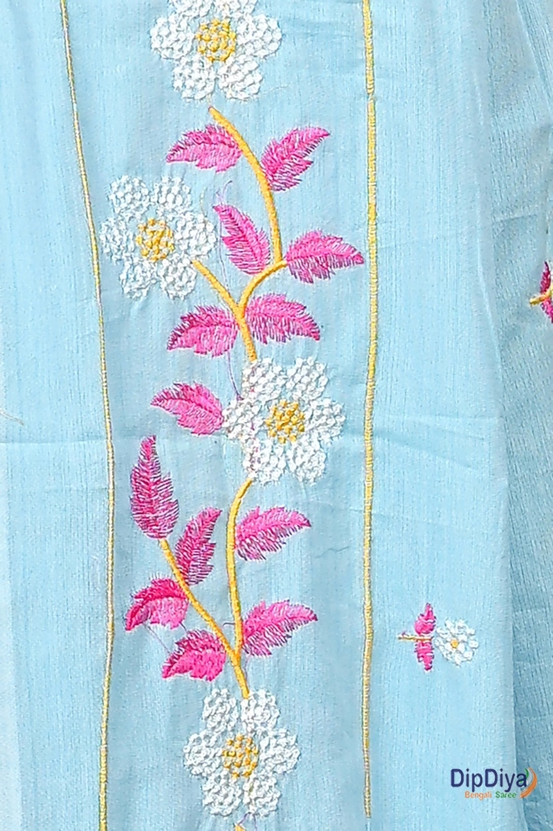 Sky Blue Cotton Blended Paraya Embroidery Handloom saree (301)